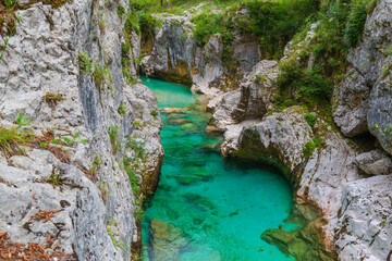 Fototapeta na wymiar Crystal clear emerald water of Soca river in Slovenia
