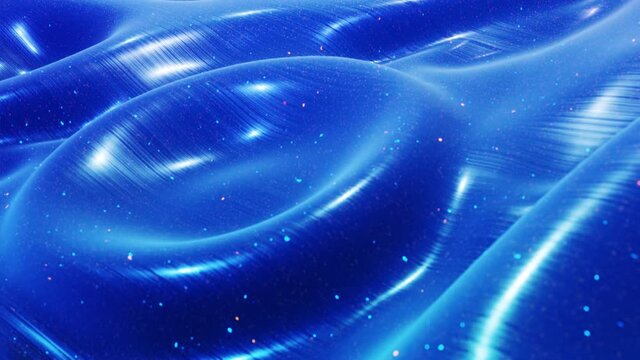 fantastical festive blue bg. Stylish abstract looped background, waves move on glossy surface like landscape made of liquid blue wax with sparkles. Beautiful soft background with smooth animation 4k