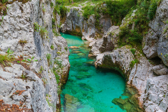 Crystal clear emerald water of Soca river in Slovenia