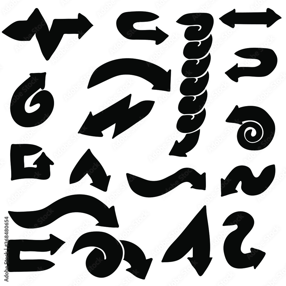 Poster abstract set black collection hand drawn different arrows elements vector design sketch style doodle