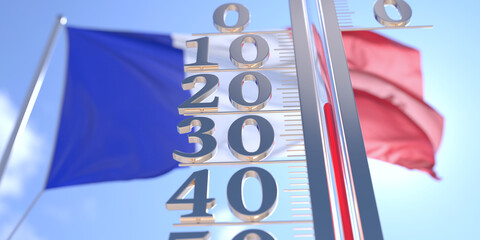 Minus 20 degrees centigrade on a thermometer measuring air temperature near flag of France. Cold weather forecast related 3D rendering