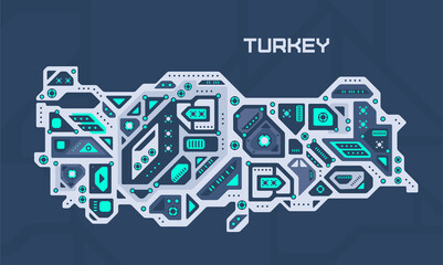 Abstract futuristic map of Turkey. Mechanical circuit of the country. Technology space background.