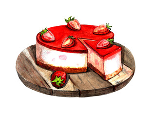 Watercolor cake panna cotta with strawberries