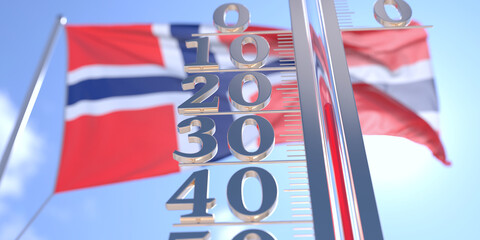 Minus 20 degrees centigrade on a thermometer measuring air temperature near flag of Norway. Cold weather forecast related 3D rendering