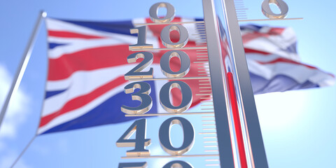 Minus 20 degrees centigrade on a thermometer measuring air temperature near flag of Great Britain. Cold weather forecast related 3D rendering