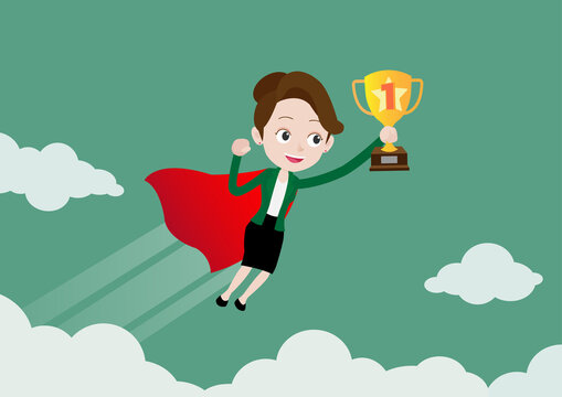 Super hero businesswoman in red cape flying and holding gold trophy of success