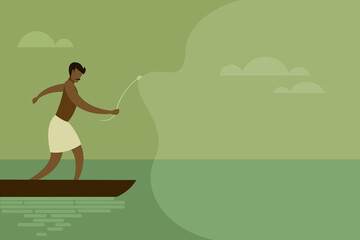 Illustration of a man throwing fishing net in to the water