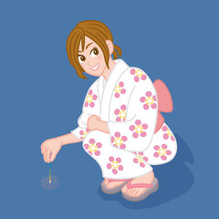 線香花火と浴衣の少女