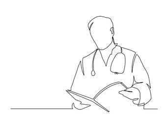 one line vector drawing of hospital doctor standing holding patient papers. Doctor looking at his journal line drawing. Continuous line drawing of doctors silhouette. Hospital scene. Template