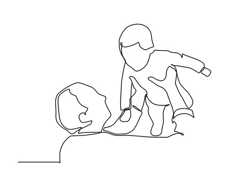 Continuous single drawn one line dad tosses the kid drawn by hand picture silhouette. Line art. happy daughter throws a dad. One continuous line drawing of a man holding a little child in his arms