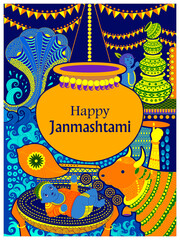 vector illustration of Happy Krishna Janmashtami background with pot of cream ( Dahi Handi )