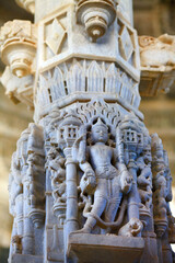 RANAKPUR, INDIA . Amazing carved sculptures and columns in Adinath jain temple in Rajasthan