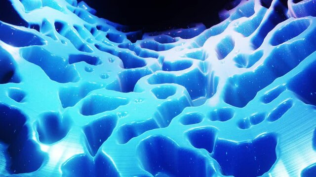 fantastical festive blue bg. Stylish abstract looped background, waves move on glossy surface like landscape made of liquid blue wax with sparkles. Beautiful soft background with smooth animation 4k