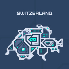 Abstract futuristic map of Switzerland. Mechanical circuit of the country. Technology space background.