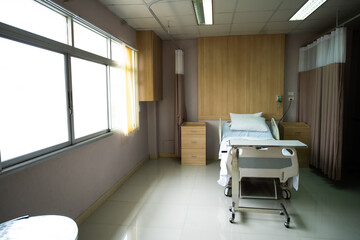 Recovery Room with bed and comfortable medical. Interior of empty hospital room.