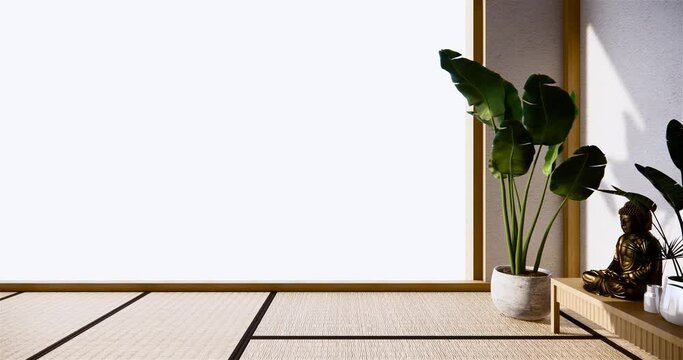 Sofa on empty room japanese design on tatami mat floor,3D rendering