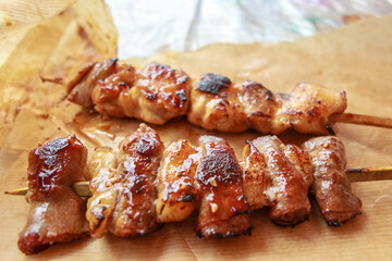 Chicken Grilled or Barbecue Chicken on Wooden Skewer