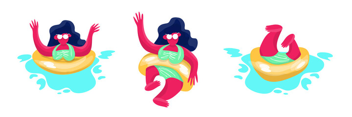 Summer female character set. Relax on the beach of the sea or in the hotel pool. Beach party and holiday. Girl waving hands in sunglasses and bikini on a rubber ring. Stock vector illustration.