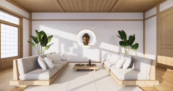 Sofa on empty room japanese design on tatami mat floor,3D rendering