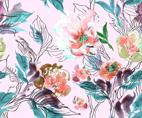 Seamless Pattern Watercolor Hand Drawn Abstract Illustration Peony with Doodle Leaves