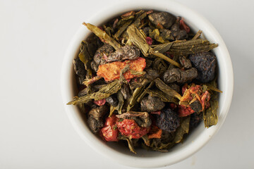 blend of dry fruit flavored tea close up