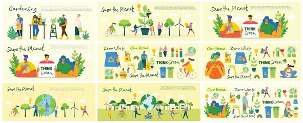 Set of eco save environment pictures. People taking care of planet collage. Zero waste, think green, save the planet, our home hand written text in the flat design