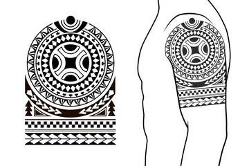 Maori tribal style tattoo pattern fit for a shoulder, arm. With example on body.