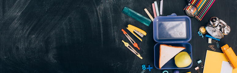 website header of lunch box with apple and sandwiches near school stationery on black chalkboard,...