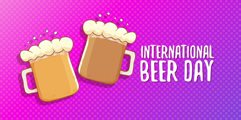 international beer day horizontal banner or poster with beer glass isolated on abstract violet background . Happy beer day vintage hand drawn greeting card or flyer
