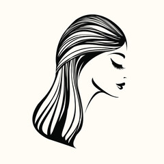 Woman with long, wavy hairstyle and elegant makeup.Hair salon and beauty studio illustration.Cosmetics and spa logo.Young lady portrait.Pretty girl face isolated on white background.Profile view.