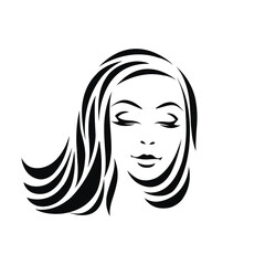 Woman with long, wavy hairstyle and elegant makeup.Hair salon and beauty studio illustration.Cosmetics and spa logo.Young lady portrait.Pretty girl face isolated on white background.Front view.