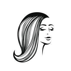 Woman with long, wavy hairstyle and elegant makeup.Hair salon and beauty studio illustration.Cosmetics and spa logo.Young lady portrait.Pretty girl face isolated on white background.
