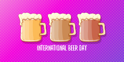 international beer day horizontal banner or poster with beer glass isolated on abstract violet background . Happy beer day vintage hand drawn greeting card or flyer