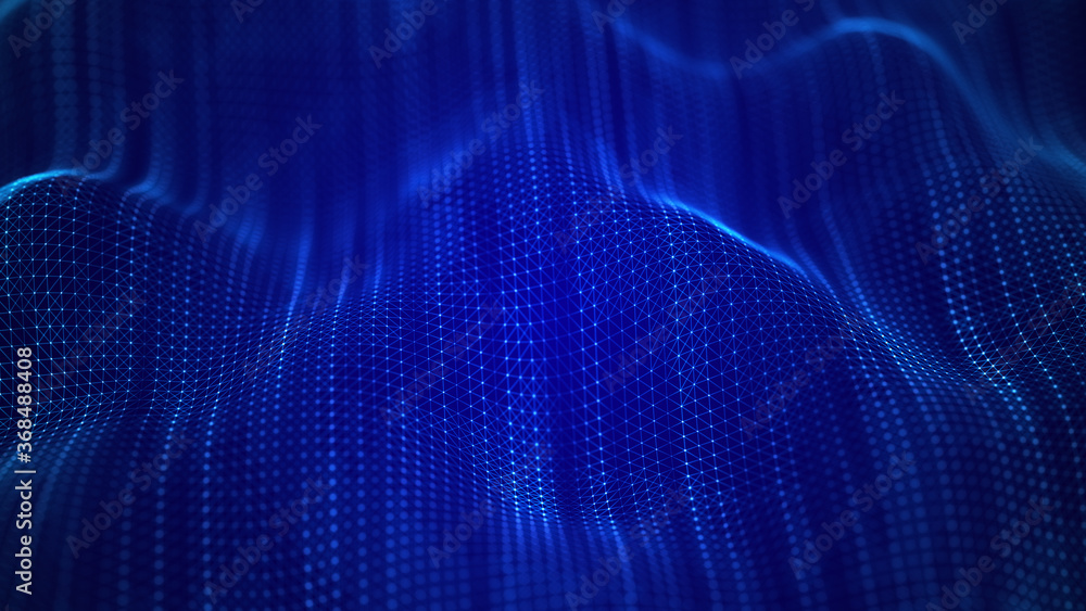 Poster digital dynamic wave of particles. abstract blue futuristic background. big data visualization. 3d r