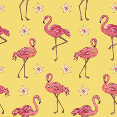 Vector trendy seamless pattern with flamingo and plumeria. Summer decoration print for wrapping, wallpaper, fabric. Seamless vector texture. 
