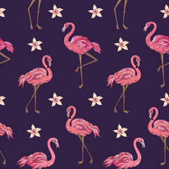 Vector trendy seamless pattern with flamingo and plumeria. Summer decoration print for wrapping, wallpaper, fabric. Seamless vector texture.