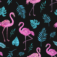 Vector trendy seamless pattern with flamingo and tropical leaves. Summer decoration print for wrapping, wallpaper, fabric. Seamless vector texture. 