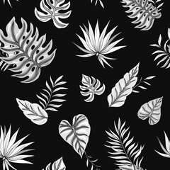 Tropic monochrome painting seamless pattern with tropical leaves. Tropical botanical Motives. Vector illustration. Summer decoration print for wrapping, wallpaper, fabric. 