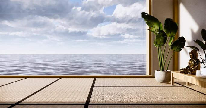 Sofa on empty room japanese design on tatami mat floor,3D rendering