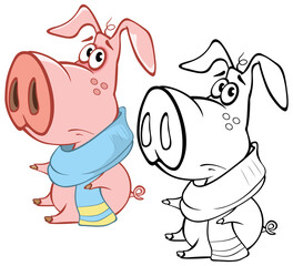 Vector Illustration of a Cute Cartoon Character Pig for you Design and Computer Game. Coloring Book Outline Set 