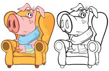 Gardinen Vektor-Illustration eines niedlichen Cartoon-Charakter-Schweins für Ihr Design und Computerspiel. Malbuch-Umriss-Set © liusa