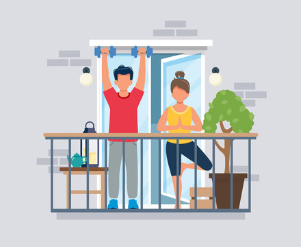 People on balcony doing workout, coronavirus concept. Stay at home during epidemic. Cute illustration in flat style