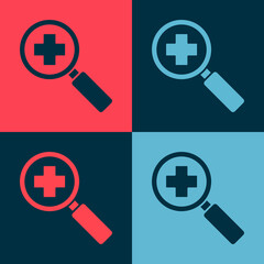 Obraz premium Pop art Magnifying glass for search medical icon isolated on color background. Hospital search. Vector Illustration.