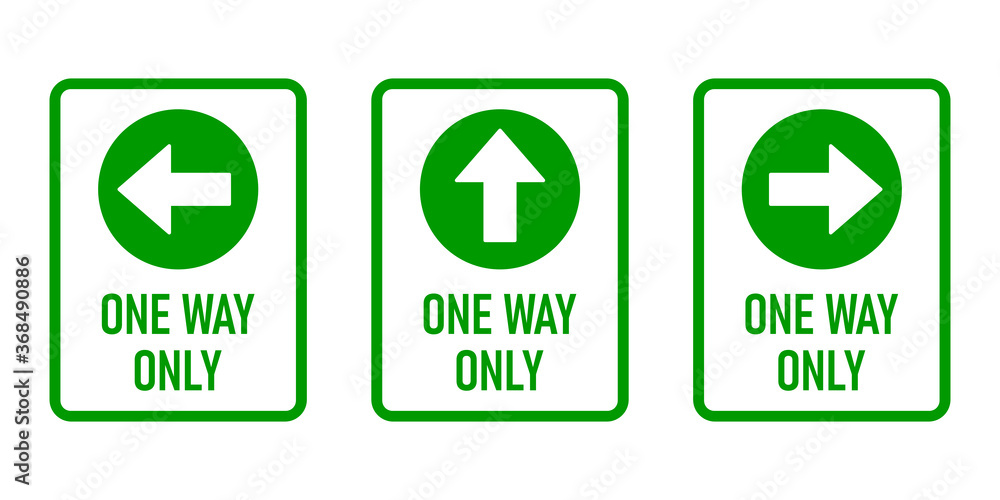 Poster set of one way only vertical warning sign poster icon with direction arrow and text. vector image.