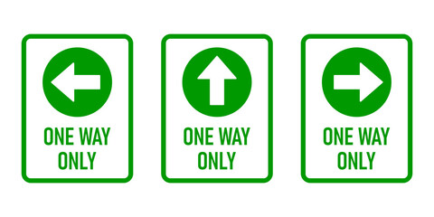 Set of One Way Only Vertical Warning Sign Poster Icon with Direction Arrow and Text. Vector Image.