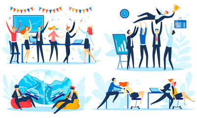 People on corporate party vector illustration set. Cartoon flat happy office businessman and businesswoman have fun, celebrate corporative win startup, play games. Celebration event isolated on white