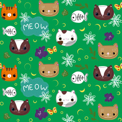 cute green pattern with cats meow fish flowers texture moon