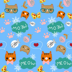 cute blue pattern with cats in glasses hipsters meow paws fish flowers texture