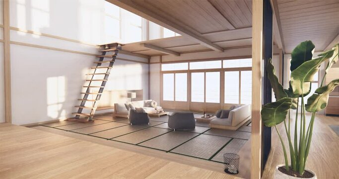 Sofa on empty room japanese design on tatami mat floor,3D rendering