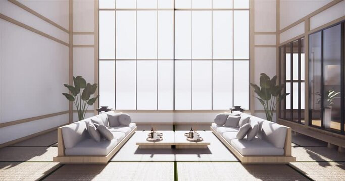 Sofa on empty room japanese design on tatami mat floor,3D rendering